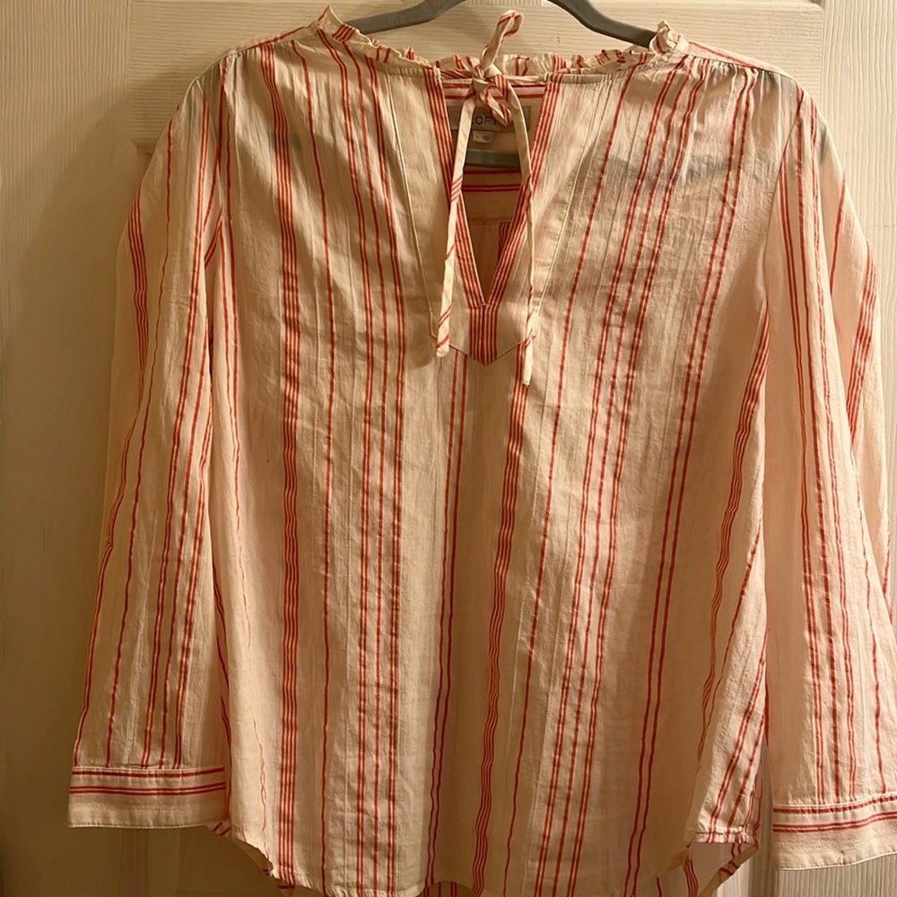 Loft Red Ivory Striped Ruffle Puff Shoulder Tie Neck Blouse Size Small BOHO